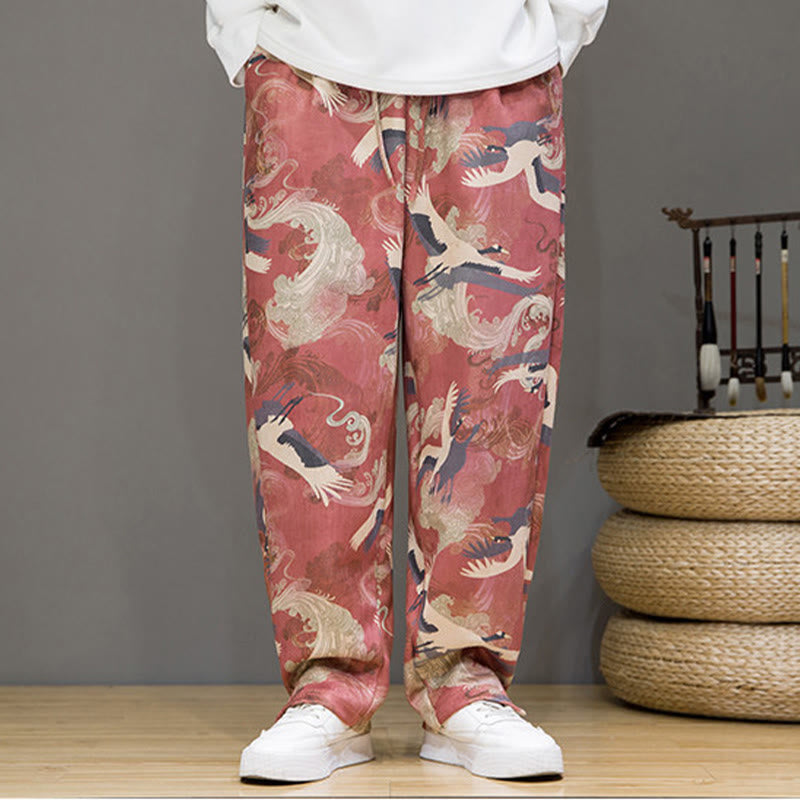 Buddha Stones Pantaloni casual primavera/estate con coulisse e stampa gru, pantaloni harem da uomo con tasche - image 16