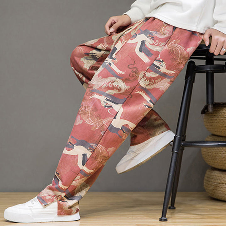 Buddha Stones Pantaloni casual primavera/estate con coulisse e stampa gru, pantaloni harem da uomo con tasche - image 19