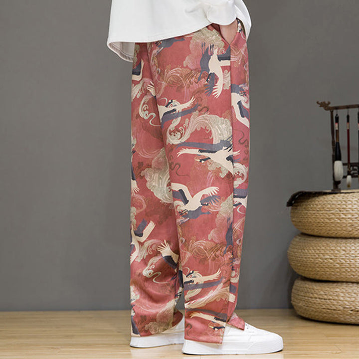 Buddha Stones Pantaloni casual primavera/estate con coulisse e stampa gru, pantaloni harem da uomo con tasche - image 13