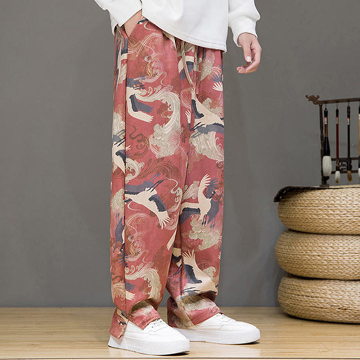 Buddha Stones Pantaloni casual primavera/estate con coulisse e stampa gru, pantaloni harem da uomo con tasche - image 12