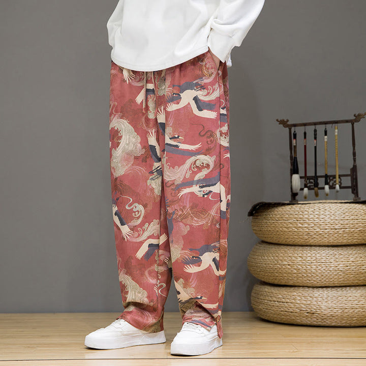 Buddha Stones Pantaloni casual primavera/estate con coulisse e stampa gru, pantaloni harem da uomo con tasche - image 15