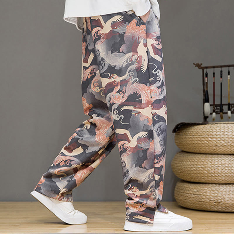 Buddha Stones Pantaloni casual primavera/estate con coulisse e stampa gru, pantaloni harem da uomo con tasche - image 22