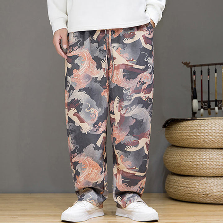 Buddha Stones Pantaloni casual primavera/estate con coulisse e stampa gru, pantaloni harem da uomo con tasche - image 26