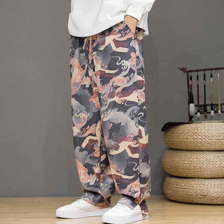 Buddha Stones Pantaloni casual primavera/estate con coulisse e stampa gru, pantaloni harem da uomo con tasche - image 25