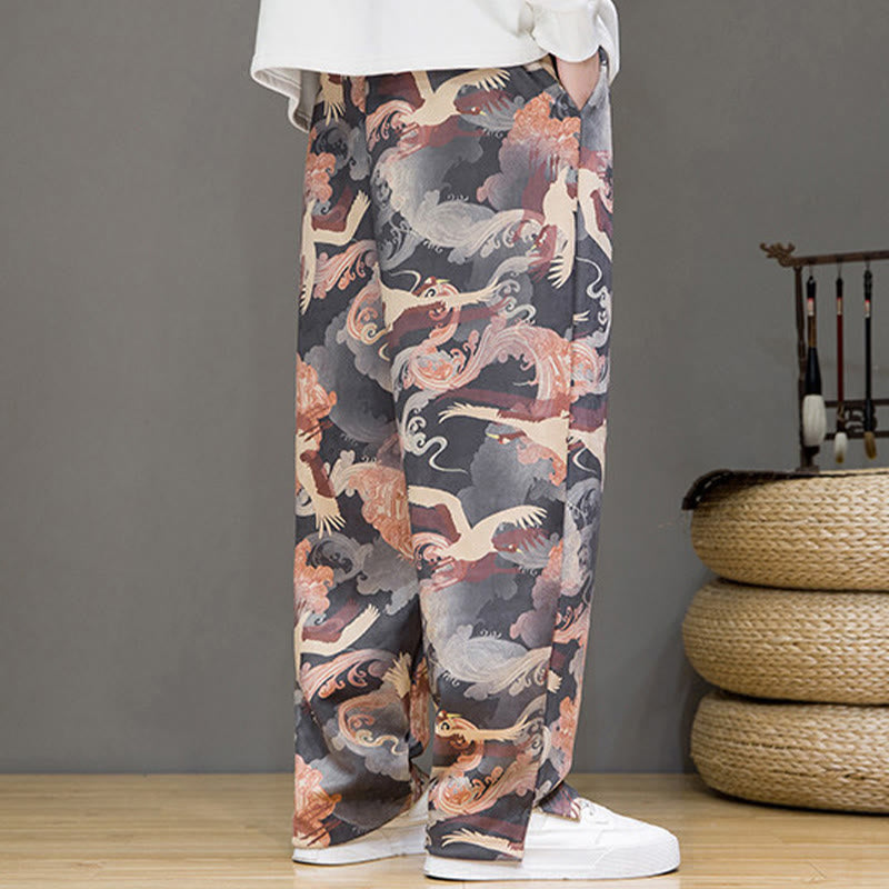 Buddha Stones Pantaloni casual primavera/estate con coulisse e stampa gru, pantaloni harem da uomo con tasche - image 23