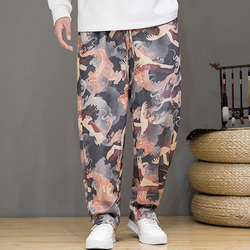 Buddha Stones Pantaloni casual primavera/estate con coulisse e stampa gru, pantaloni harem da uomo con tasche - image 21