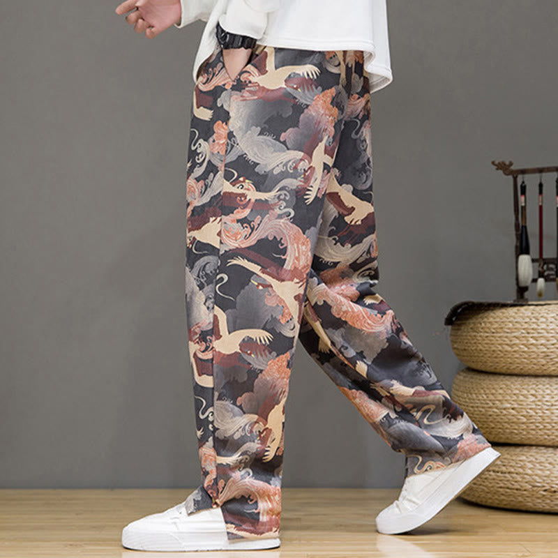 Buddha Stones Pantaloni casual primavera/estate con coulisse e stampa gru, pantaloni harem da uomo con tasche - image 24