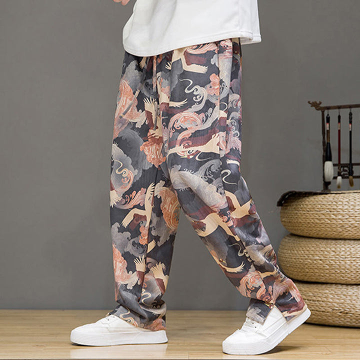 Buddha Stones Pantaloni casual primavera/estate con coulisse e stampa gru, pantaloni harem da uomo con tasche - Grigio - US/UK/AU44, EU54 (4XL) - image 20