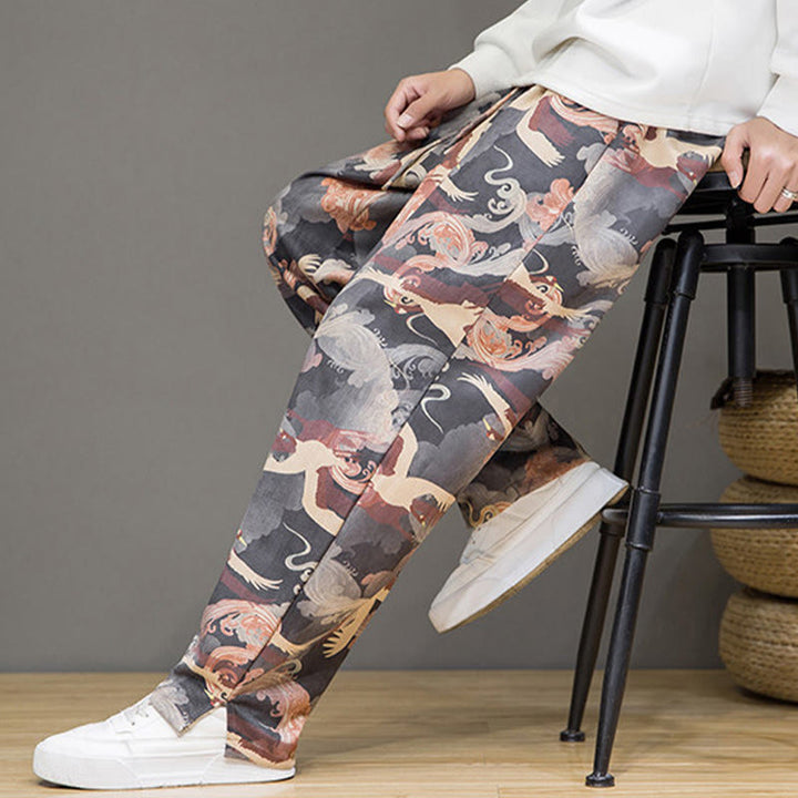 Buddha Stones Pantaloni casual primavera/estate con coulisse e stampa gru, pantaloni harem da uomo con tasche - image 27