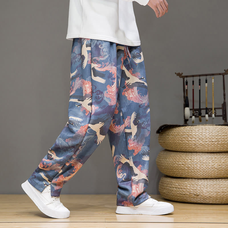 Buddha Stones Pantaloni casual primavera/estate con coulisse e stampa gru, pantaloni harem da uomo con tasche - Blu acciaio chiaro - US/UK/AU44, EU54 (4XL) - image 0