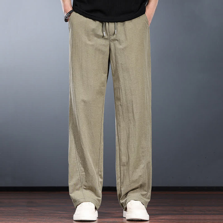 Buddha Stones Pantaloni lunghi da uomo a gamba dritta, minimalisti, con coulisse in vita elasticizzata, tinta unita, per primavera/estate. Modello casual con tasche. - Tan - US/UK/AU44, EU54 (4XL) - image 0