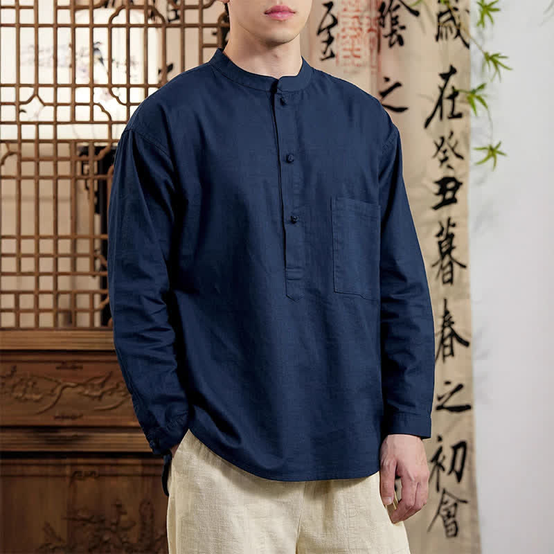 Buddha Stones Camicia da uomo a maniche lunghe in lino e cotone, stile Spring Tang, minimalista, con colletto alla coreana e taschino applicato. - Marina - US/UK/AU46, EU56 (5XL) - image 0
