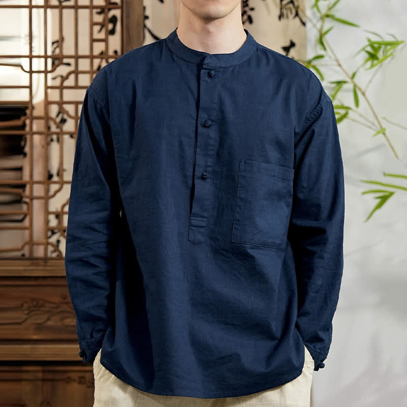 Buddha Stones Camicia da uomo a maniche lunghe in lino e cotone, stile Spring Tang, minimalista, con colletto alla coreana e taschino applicato. - image 1