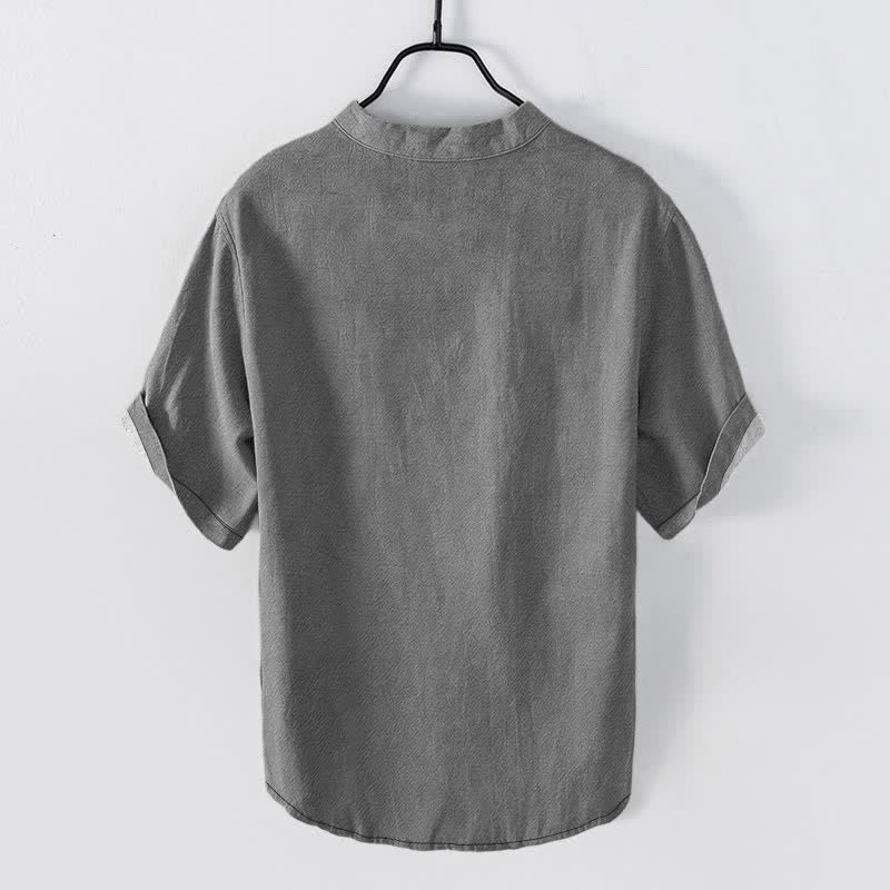 Buddha Stones Camicia da uomo a maniche corte con mezza abbottonatura, in cotone bianco, con motivo floreale a rami. - image 1