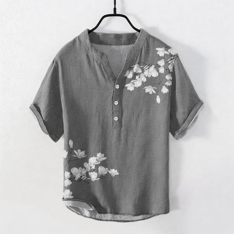 Buddha Stones Camicia da uomo a maniche corte con mezza abbottonatura, in cotone bianco, con motivo floreale a rami. - Grigio - US/UK/AU50, EU60 (5XL) - image 0