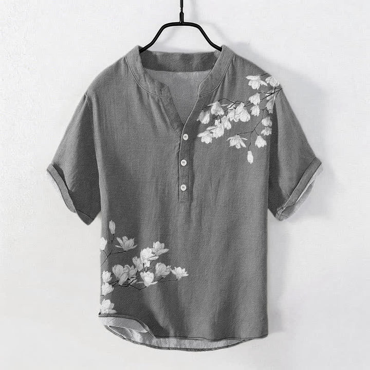 Buddha Stones Camicia da uomo a maniche corte con mezza abbottonatura, in cotone bianco, con motivo floreale a rami. - Grigio - US/UK/AU50, EU60 (5XL) - image 0