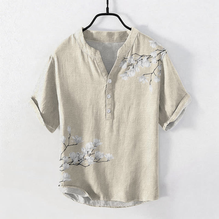 Buddha Stones Camicia da uomo a maniche corte con mezza abbottonatura, in cotone bianco, con motivo floreale a rami. - Beige - US/UK/AU50, EU60 (5XL) - image 5