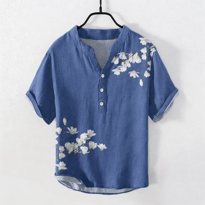 Buddha Stones Camicia da uomo a maniche corte con mezza abbottonatura, in cotone bianco, con motivo floreale a rami. - SteelBlue - US/UK/AU50, EU60 (5XL) - image 7