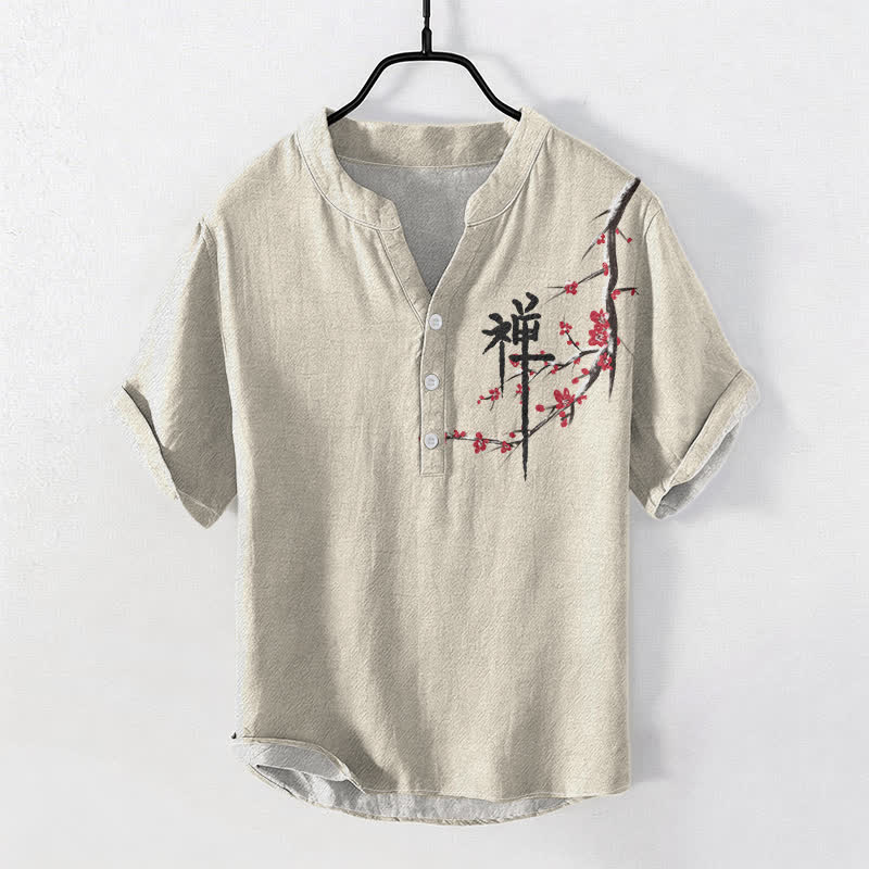 Buddha Stones Camicia da uomo a maniche corte con mezzo bottone, in cotone, con motivo zen e calligrafia a fiori di ciliegio. - Beige - US/UK/AU50, EU60 (5XL) - image 0