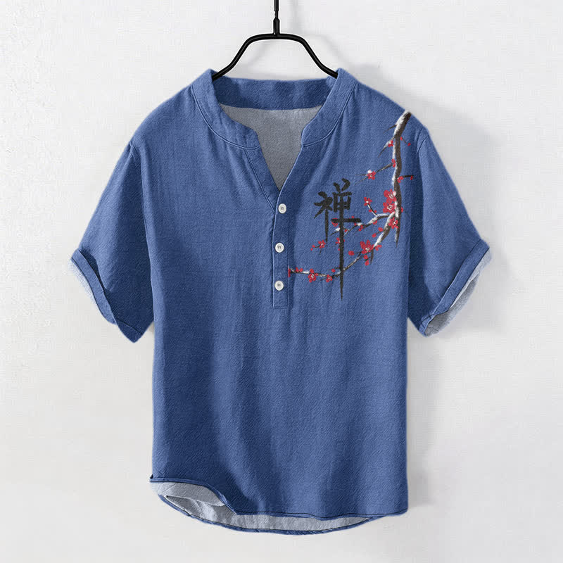 Buddha Stones Camicia da uomo a maniche corte con mezzo bottone, in cotone, con motivo zen e calligrafia a fiori di ciliegio. - SteelBlue - US/UK/AU50, EU60 (5XL) - image 3