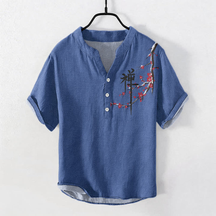 Buddha Stones Camicia da uomo a maniche corte con mezzo bottone, in cotone, con motivo zen e calligrafia a fiori di ciliegio. - SteelBlue - US/UK/AU50, EU60 (5XL) - image 3