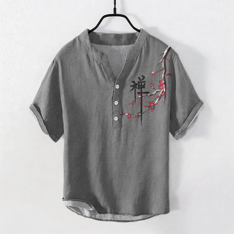 Buddha Stones Camicia da uomo a maniche corte con mezzo bottone, in cotone, con motivo zen e calligrafia a fiori di ciliegio. - Grigio - US/UK/AU50, EU60 (5XL) - image 5