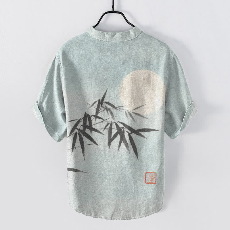Buddha Stones Camicia da uomo a maniche corte con mezza abbottonatura, in cotone, con stampa a foglie di bambù e luna. - image 1