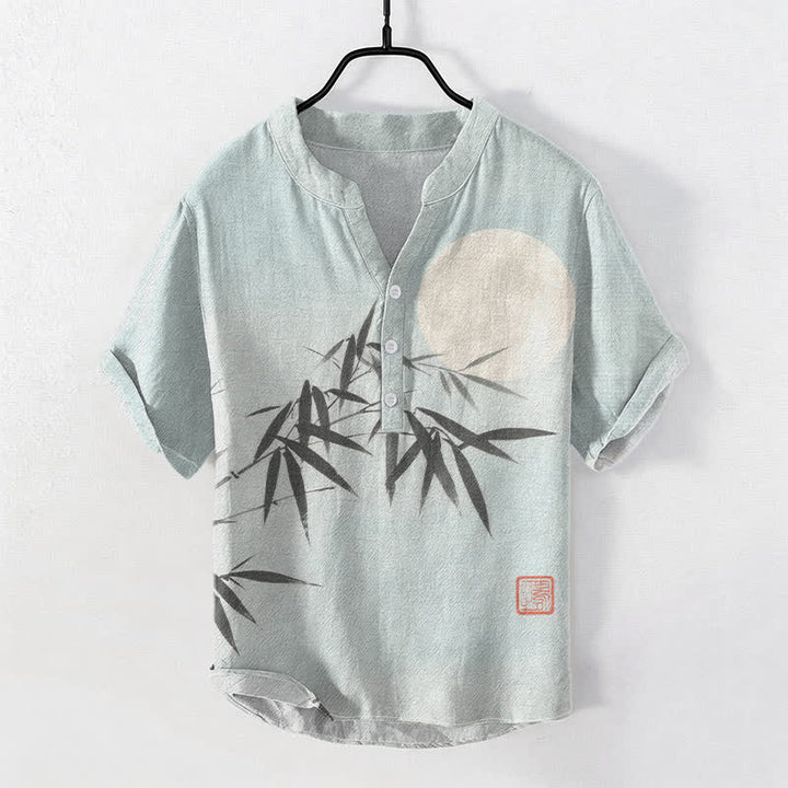 Buddha Stones Camicia da uomo a maniche corte con mezza abbottonatura, in cotone, con stampa a foglie di bambù e luna. - AliceBlue - US/UK/AU50, EU60 (5XL) - image 0