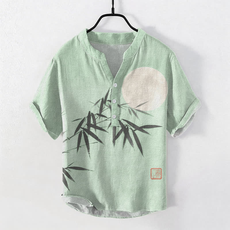 Buddha Stones Camicia da uomo a maniche corte con mezza abbottonatura, in cotone, con stampa a foglie di bambù e luna. - Verde pallido - US/UK/AU50, EU60 (5XL) - image 3