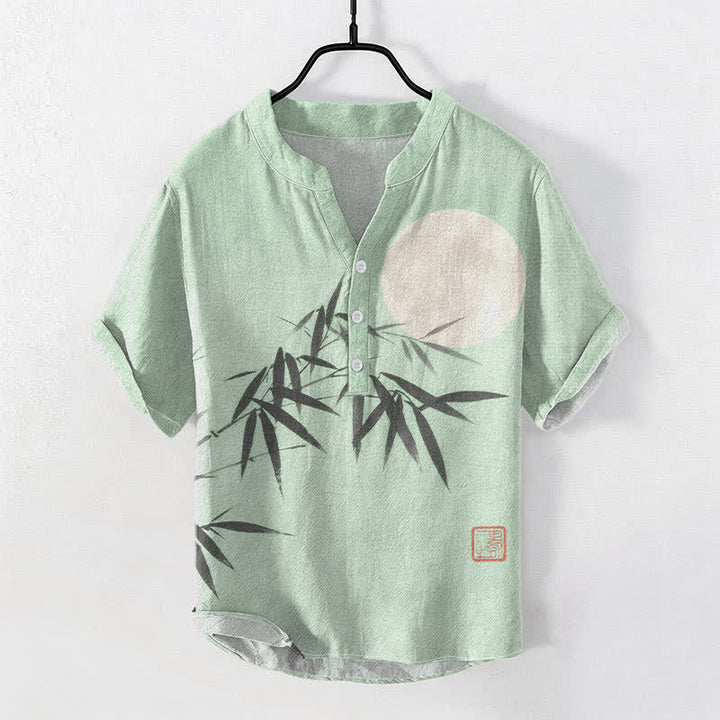 Buddha Stones Camicia da uomo a maniche corte con mezza abbottonatura, in cotone, con stampa a foglie di bambù e luna. - Verde pallido - US/UK/AU50, EU60 (5XL) - image 3