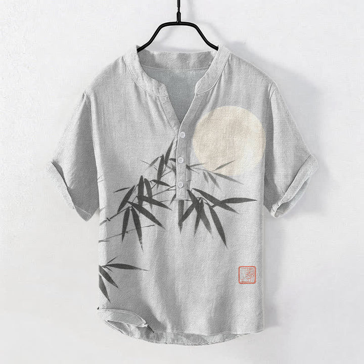 Buddha Stones Camicia da uomo a maniche corte con mezza abbottonatura, in cotone, con stampa a foglie di bambù e luna. - Grigio chiaro - US/UK/AU50, EU60 (5XL) - image 5
