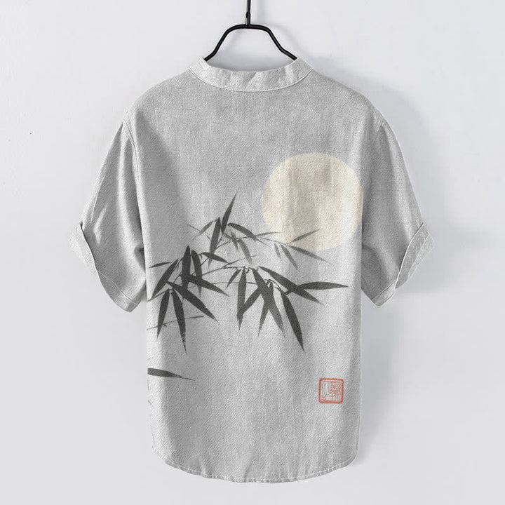 Buddha Stones Camicia da uomo a maniche corte con mezza abbottonatura, in cotone, con stampa a foglie di bambù e luna. - image 6