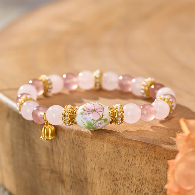 Buddha Stones Bracciale con ciondolo a forma di loto in ceramica con perline rotonde di quarzo rosa e quarzo fragola naturale, quarzo rosa e cristallo. - Quarzo fragola Quarzo rosa (Circonferenza del polso: 15–16 cm) - image 0