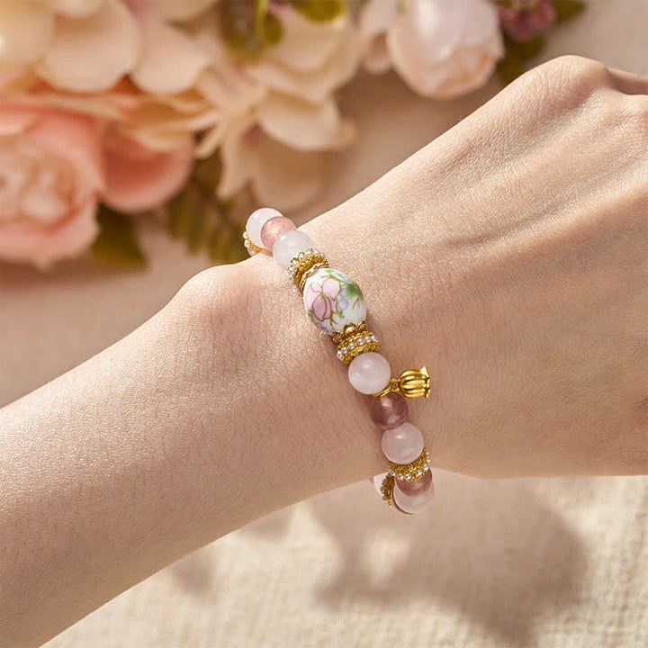 Buddha Stones Bracciale con ciondolo a forma di loto in ceramica con perline rotonde di quarzo rosa e quarzo fragola naturale, quarzo rosa e cristallo. - image 2