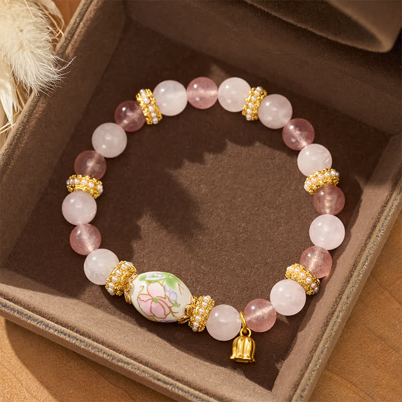 Buddha Stones Bracciale con ciondolo a forma di loto in ceramica con perline rotonde di quarzo rosa e quarzo fragola naturale, quarzo rosa e cristallo. - image 1