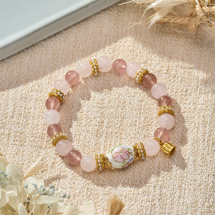 Buddha Stones Bracciale con ciondolo a forma di loto in ceramica con perline rotonde di quarzo rosa e quarzo fragola naturale, quarzo rosa e cristallo. - image 3