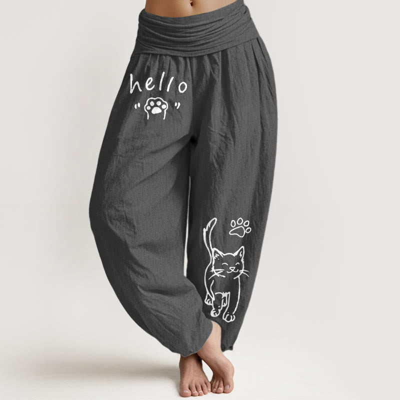 Buddha Stones Pantaloni harem da donna in puro cotone con elastico in vita e fantasia a zampa di gatto "Hello Cat". - Grigio tenue - US16, UK/AU20, EU48 (3XL) - image 8