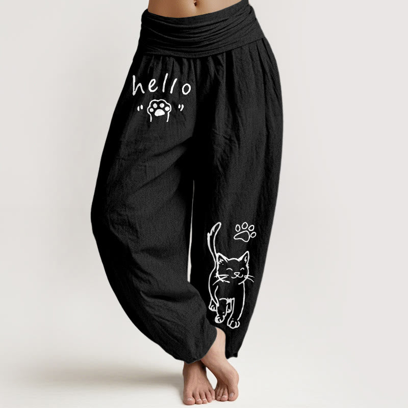 Buddha Stones Pantaloni harem da donna in puro cotone con elastico in vita e fantasia a zampa di gatto "Hello Cat". - Nero - US16, UK/AU20, EU48 (3XL) - image 0