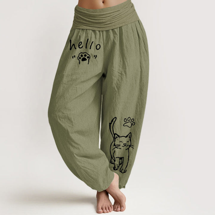 Buddha Stones Pantaloni harem da donna in puro cotone con elastico in vita e fantasia a zampa di gatto "Hello Cat". - Verde oliva - US16, UK/AU20, EU48 (3XL) - image 14