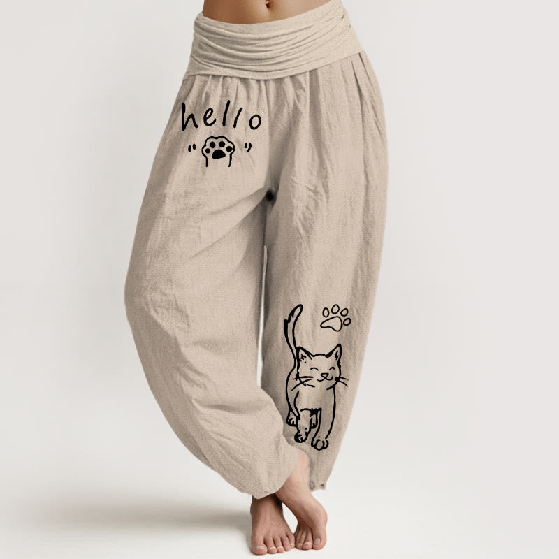 Buddha Stones Pantaloni harem da donna in puro cotone con elastico in vita e fantasia a zampa di gatto "Hello Cat". - Tan - US16, UK/AU20, EU48 (3XL) - image 11