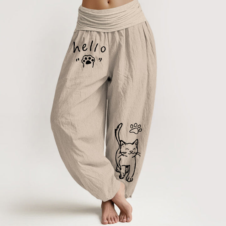 Buddha Stones Pantaloni harem da donna in puro cotone con elastico in vita e fantasia a zampa di gatto "Hello Cat". - Tan - US16, UK/AU20, EU48 (3XL) - image 11