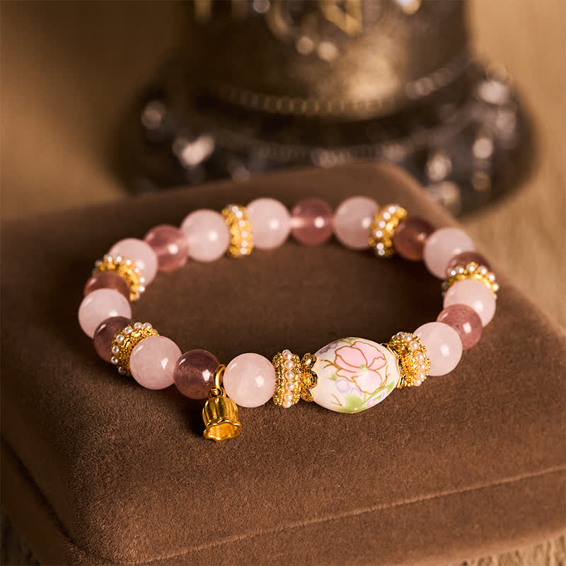 Buddha Stones Bracciale con ciondolo a forma di loto in ceramica con perline rotonde di quarzo rosa e quarzo fragola naturale, quarzo rosa e cristallo. - image 4