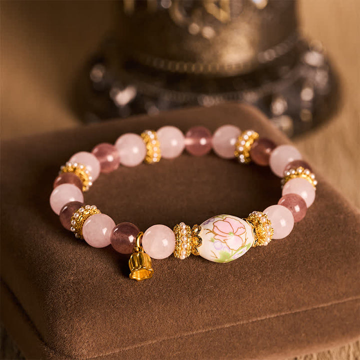 Buddha Stones Bracciale con ciondolo a forma di loto in ceramica con perline rotonde di quarzo rosa e quarzo fragola naturale, quarzo rosa e cristallo. - image 4