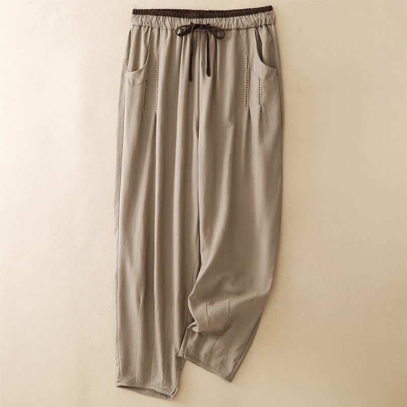 Buddha Stones Pantaloni corti estivi casual minimalisti con coulisse, tinta unita, da donna, affusolati con tasca - Tan - US8-10, UK/AU12-14, EU40-42 (2XL) - image 9