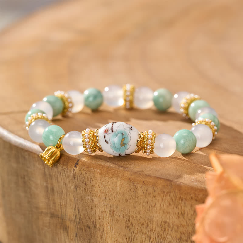 Buddha Stones Ciondolo a forma di fiore in ceramica con perline a barilotto in agata bianca e amazzonite, bracciale con perline rotonde Purezza - image 3