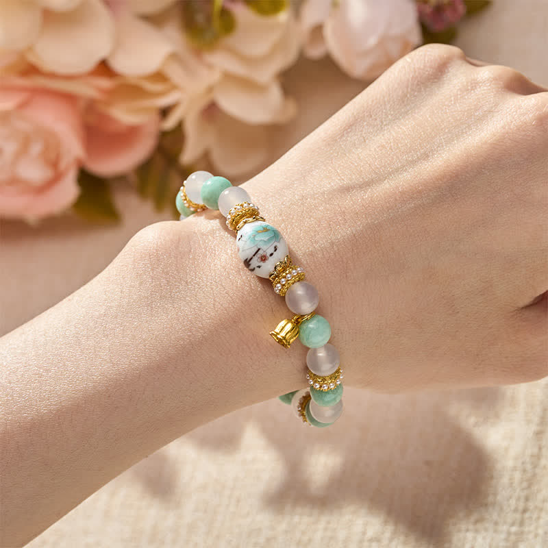 Buddha Stones Ciondolo a forma di fiore in ceramica con perline a barilotto in agata bianca e amazzonite, bracciale con perline rotonde Purezza - image 4