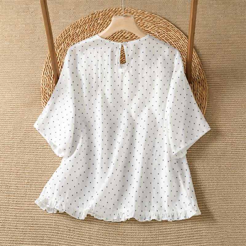 Buddha Stones T-shirt da donna a maniche corte con orlo arricciato e stampa a pois, ideale per l'estate. - image 12