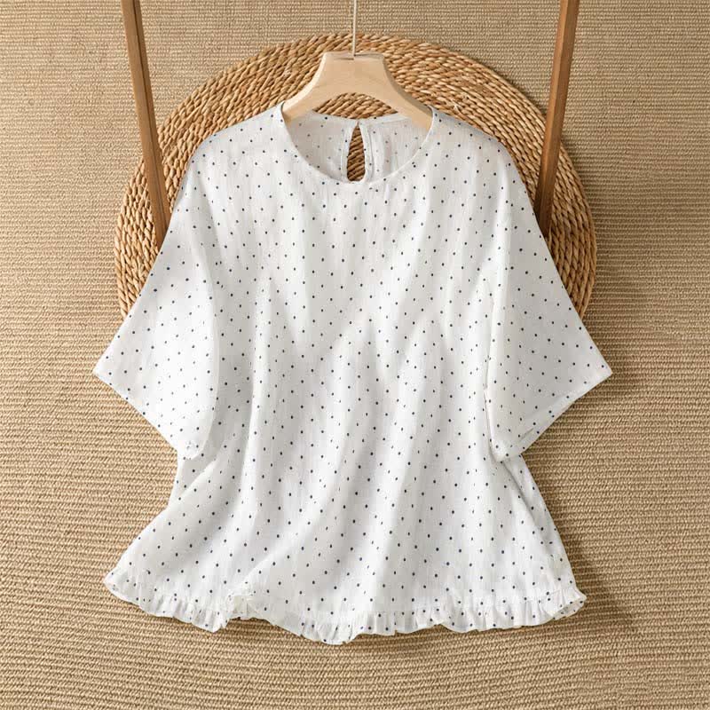 Buddha Stones T-shirt da donna a maniche corte con orlo arricciato e stampa a pois, ideale per l'estate. - Bianco - US8-10, UK/AU12-14, EU40-42 (2XL) - image 11