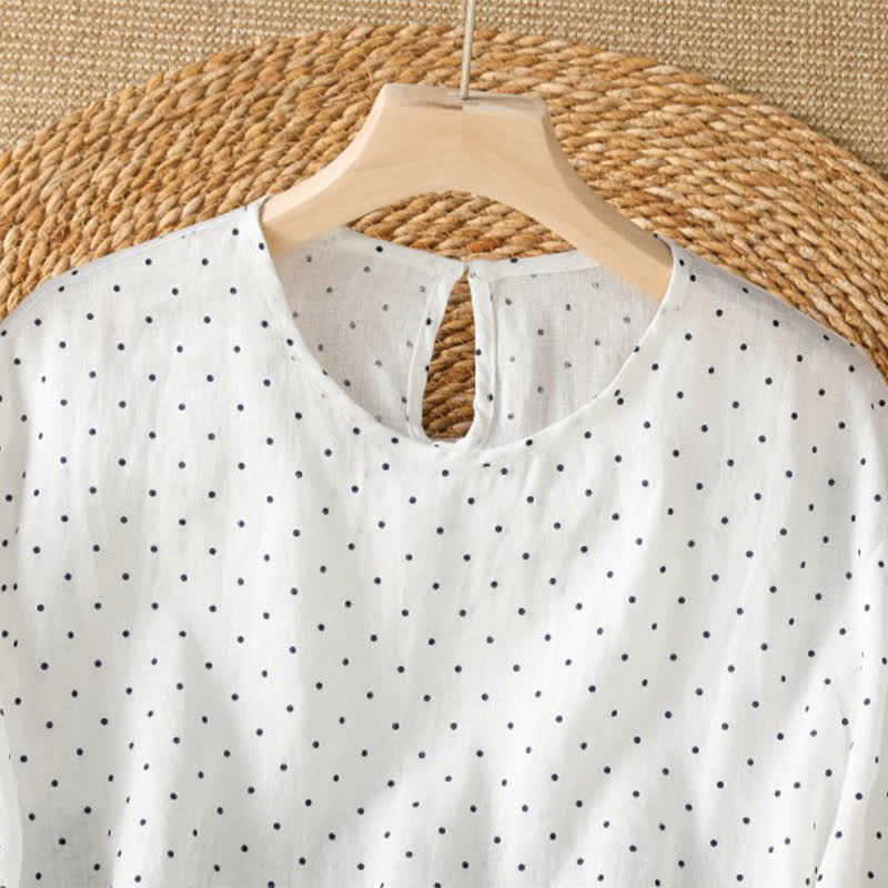 Buddha Stones T-shirt da donna a maniche corte con orlo arricciato e stampa a pois, ideale per l'estate. - image 13