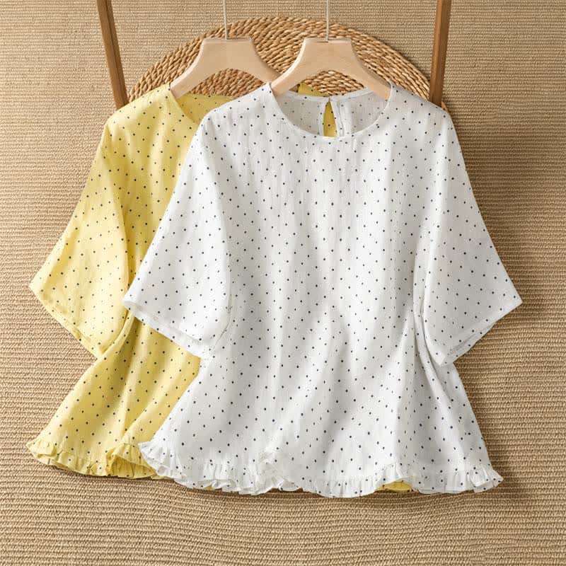 Buddha Stones T-shirt da donna a maniche corte con orlo arricciato e stampa a pois, ideale per l'estate. - image 16